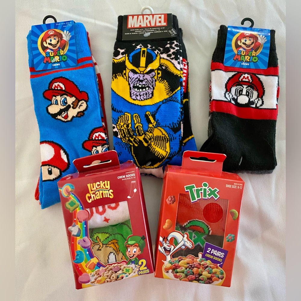 Super Mario, Marvel, Novelty Crew Socks Bundle
NWT